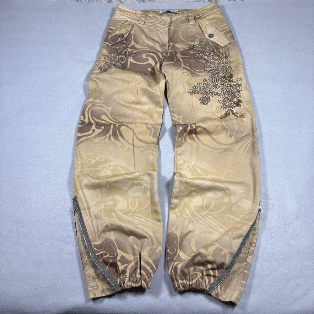 Paola Frani J Tan Swirl Sequin Floral Baggy Pants with Zipper Cuffs Mens 30x30